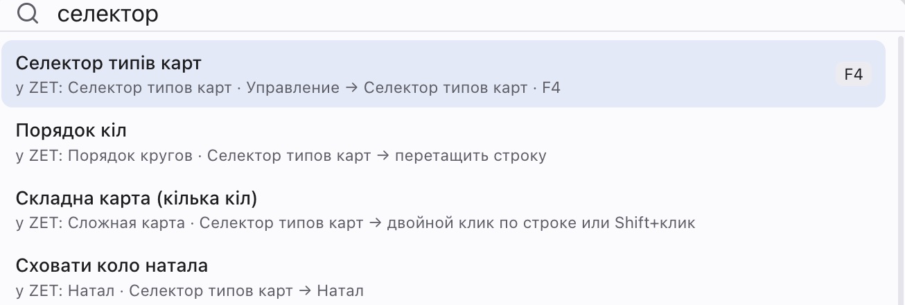 Палітра команд за запитом «селектор»: «Селектор типів карт» з клавішею F4 і рядком «у ZET: Селектор типов карт · Управление → Селектор типов карт · F4»