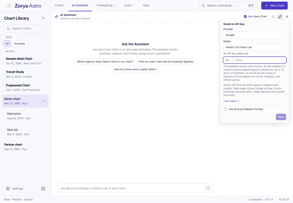 Zorya Astro interface: Free Google Gemini Key