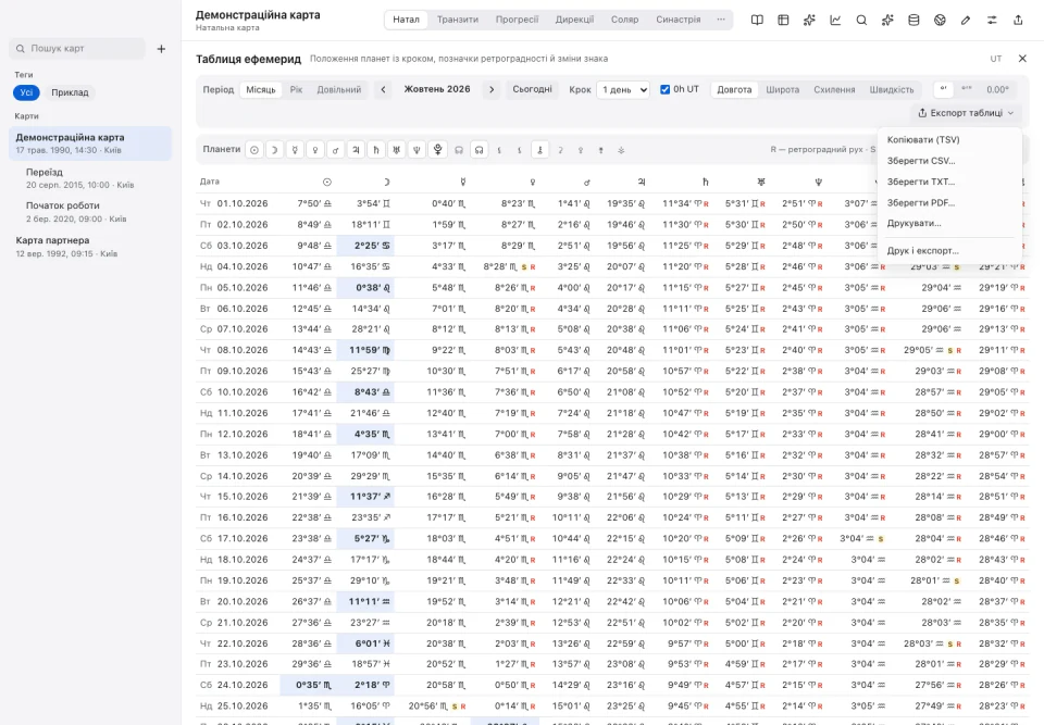 Інтерфейс Зорі: Експорт таблиць у CSV, TSV, TXT і PDF